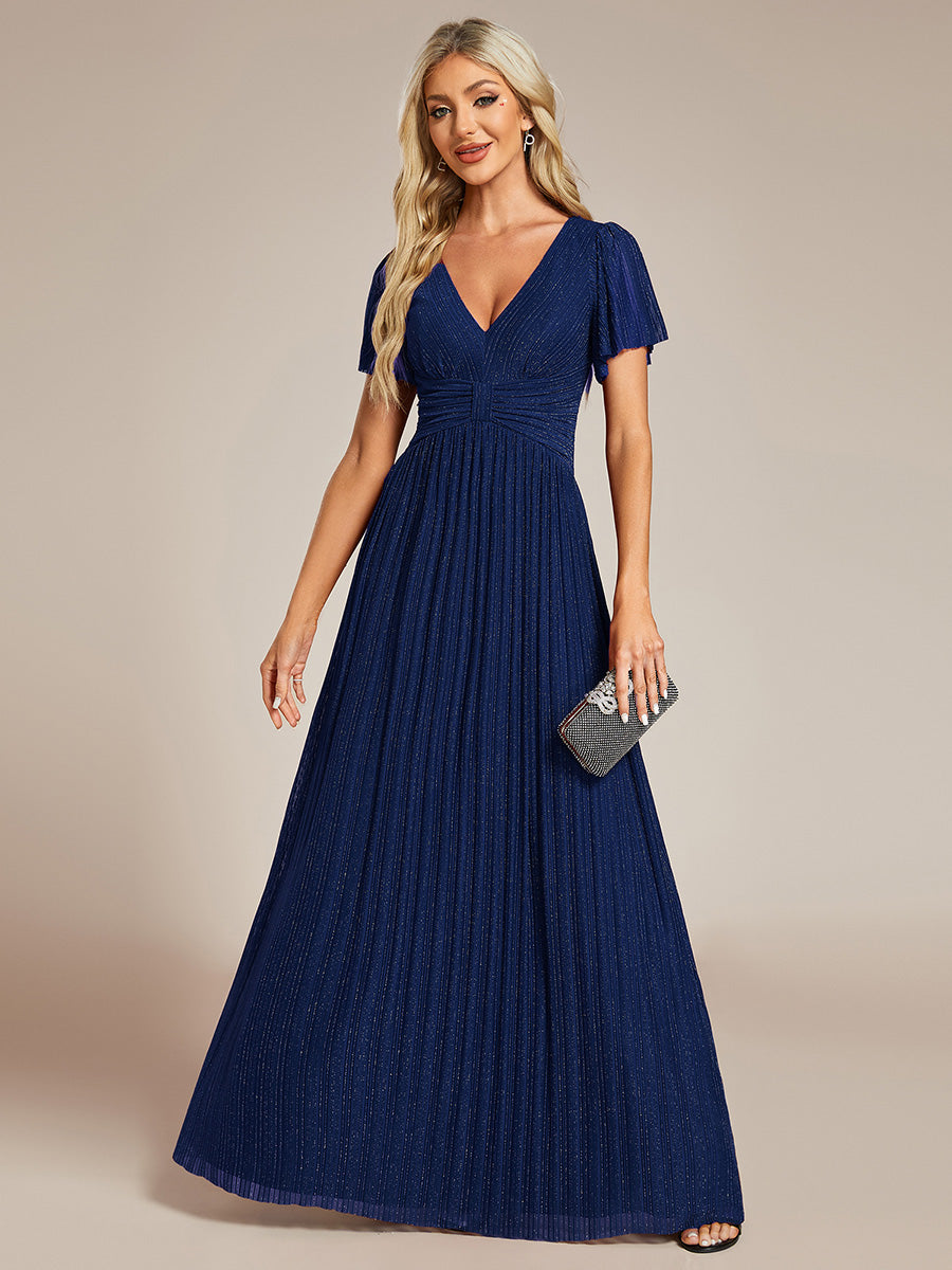 Bodenlanger V-Ausschnitt A-Linie Mesh Kleid Mit Falten Details Elegantes Abendkleid #Farbe_Marineblau