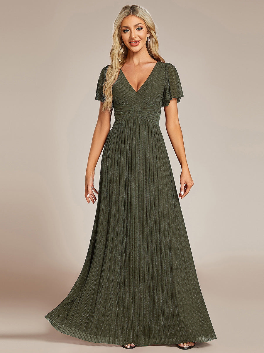 Bodenlanger V-Ausschnitt A-Linie Mesh Kleid Mit Falten Details Elegantes Abendkleid #Farbe_Olivgrün