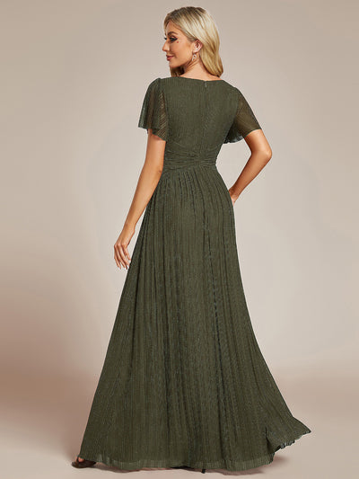 Bodenlanger V-Ausschnitt A-Linie Mesh Kleid Mit Falten Details Elegantes Abendkleid #Farbe_Olivgrün