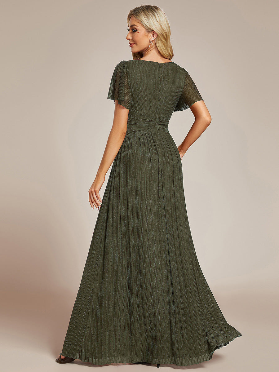 Bodenlanger V-Ausschnitt A-Linie Mesh Kleid Mit Falten Details Elegantes Abendkleid #Farbe_Olivgrün