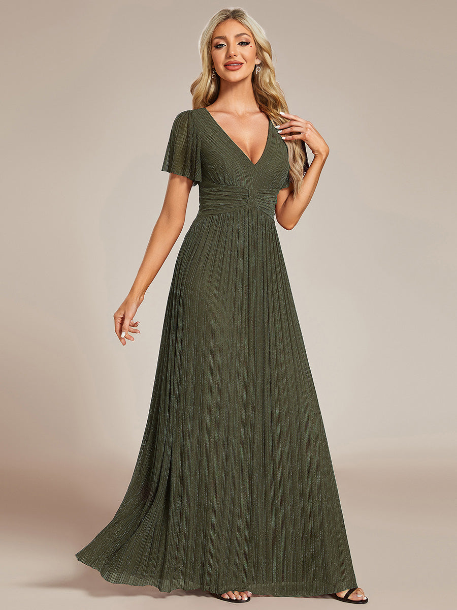 Bodenlanger V-Ausschnitt A-Linie Mesh Kleid Mit Falten Details Elegantes Abendkleid #Farbe_Olivgrün