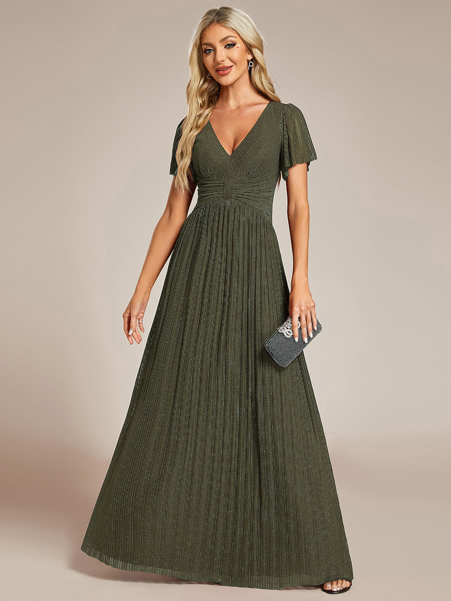 Bodenlanger V-Ausschnitt A-Linie Mesh Kleid Mit Falten Details Elegantes Abendkleid #Farbe_Olivgrün