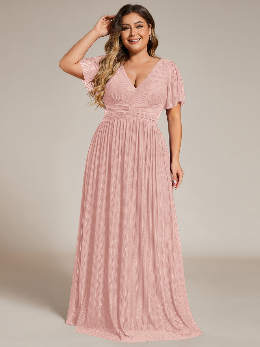 Bodenlanger V-Ausschnitt A-Linie Mesh Kleid Mit Falten Details Elegantes Abendkleid #Farbe_Pink
