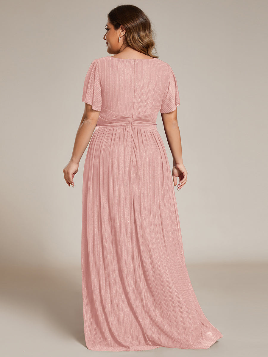 Bodenlanger V-Ausschnitt A-Linie Mesh Kleid Mit Falten Details Elegantes Abendkleid #Farbe_Pink