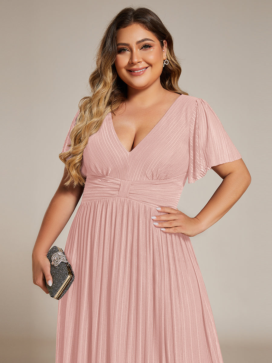 Bodenlanger V-Ausschnitt A-Linie Mesh Kleid Mit Falten Details Elegantes Abendkleid #Farbe_Pink