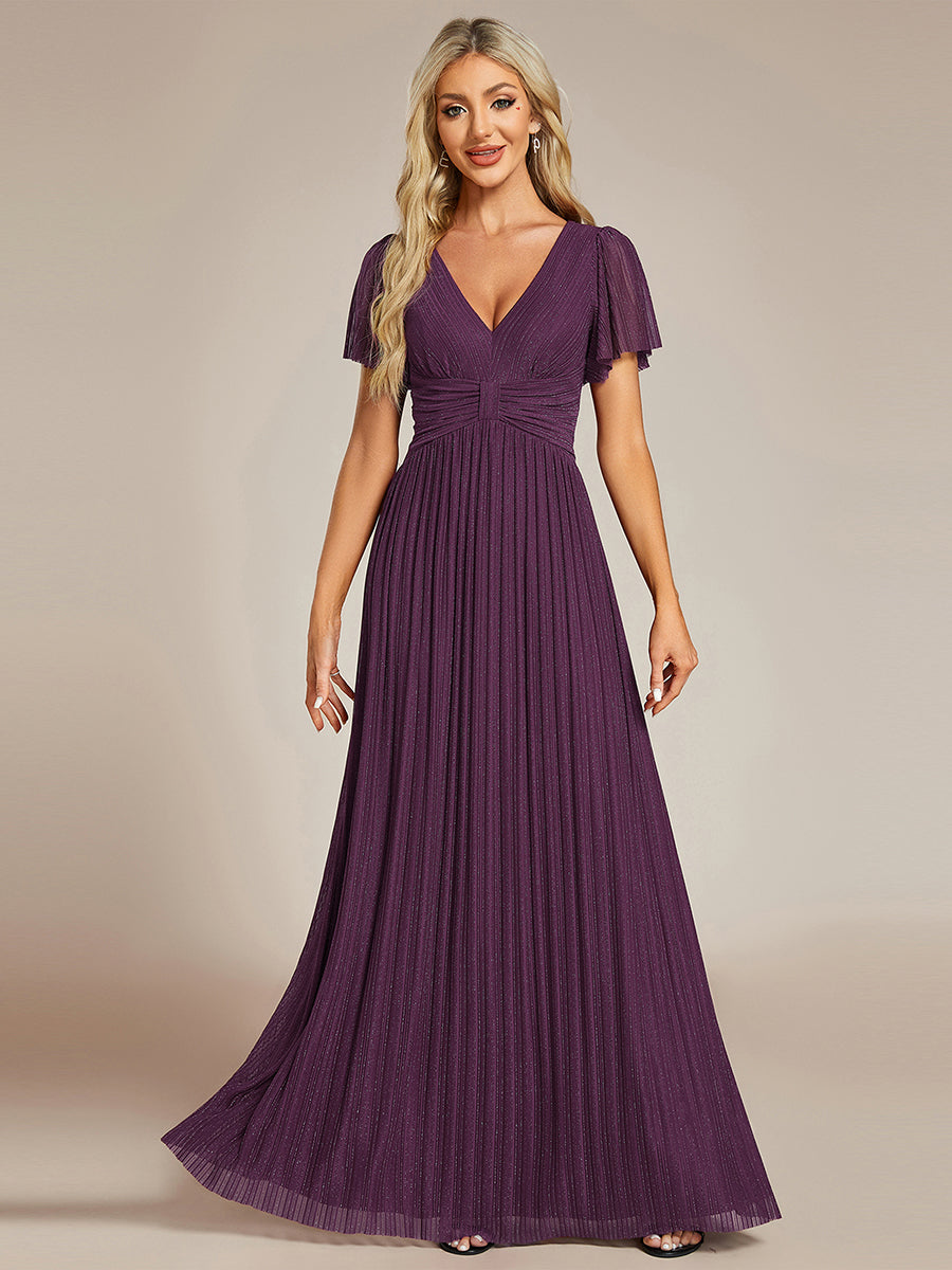 Bodenlanger V-Ausschnitt A-Linie Mesh Kleid Mit Falten Details Elegantes Abendkleid #Farbe_Glyzinienviolett