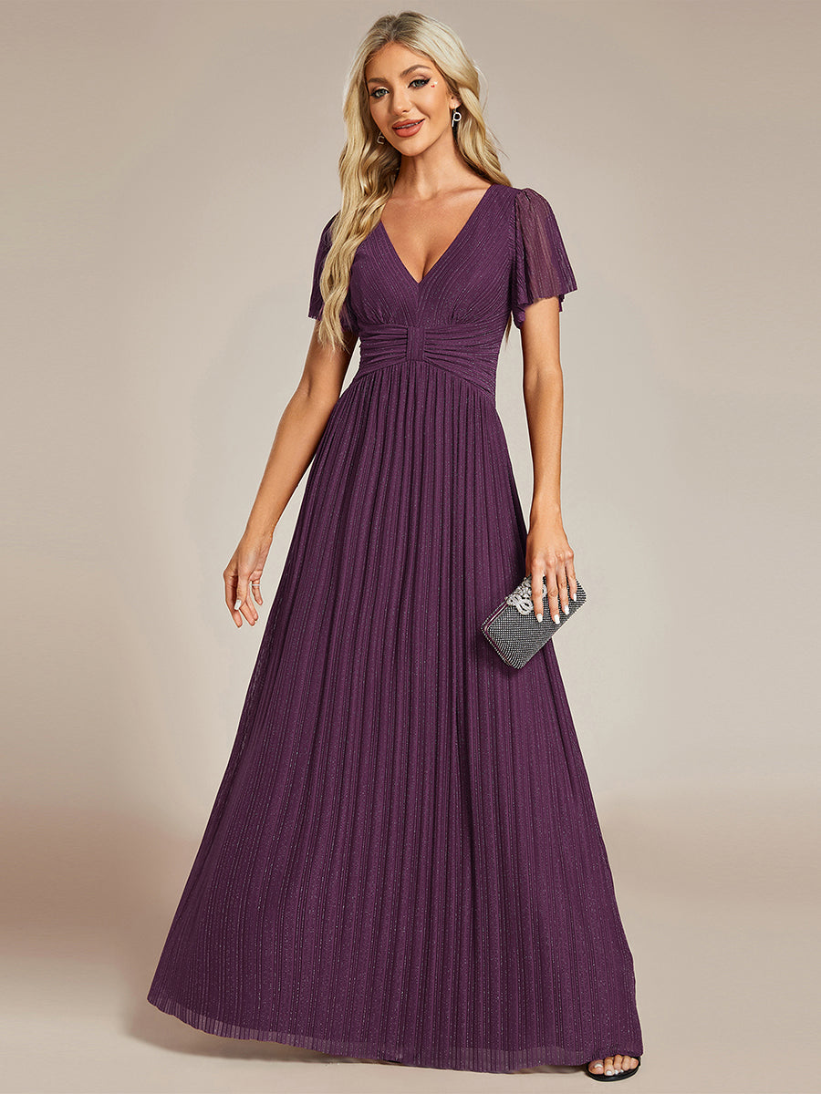 Bodenlanger V-Ausschnitt A-Linie Mesh Kleid Mit Falten Details Elegantes Abendkleid #Farbe_Glyzinienviolett