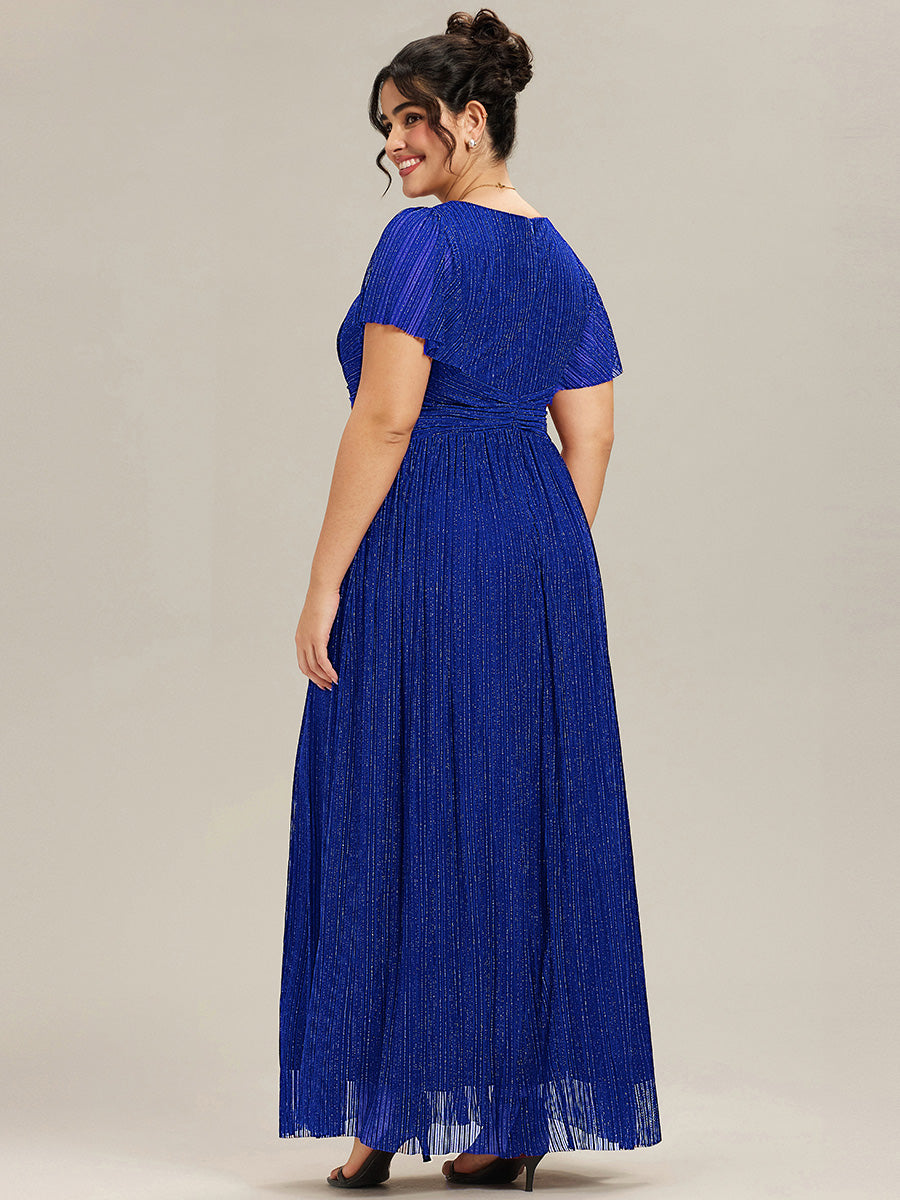 Bodenlanger V-Ausschnitt A-Linie Mesh Kleid Mit Falten Details Elegantes Abendkleid #Farbe_Saphirblau