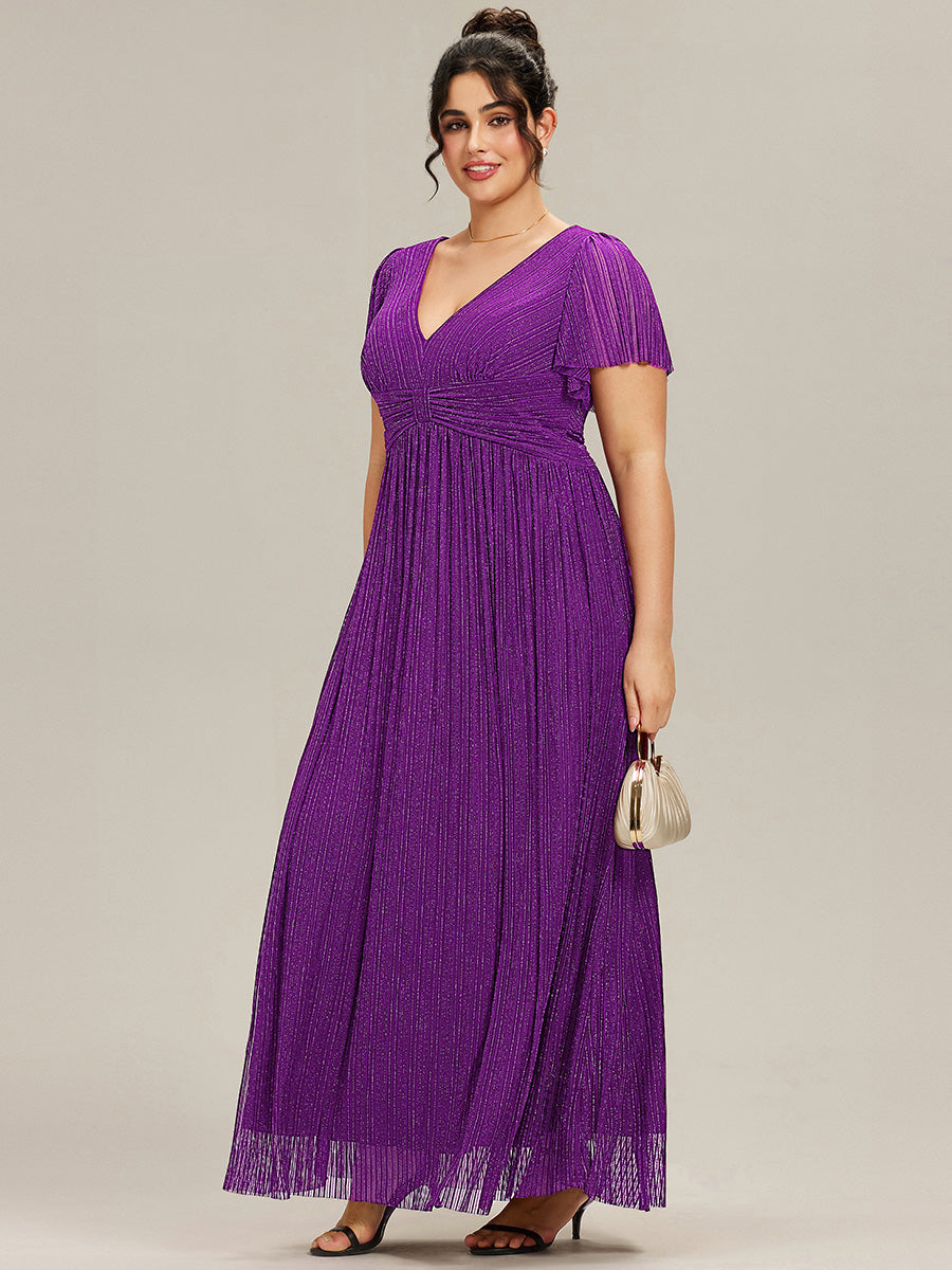 Bodenlanger V-Ausschnitt A-Linie Mesh Kleid Mit Falten Details Elegantes Abendkleid #Farbe_Traube