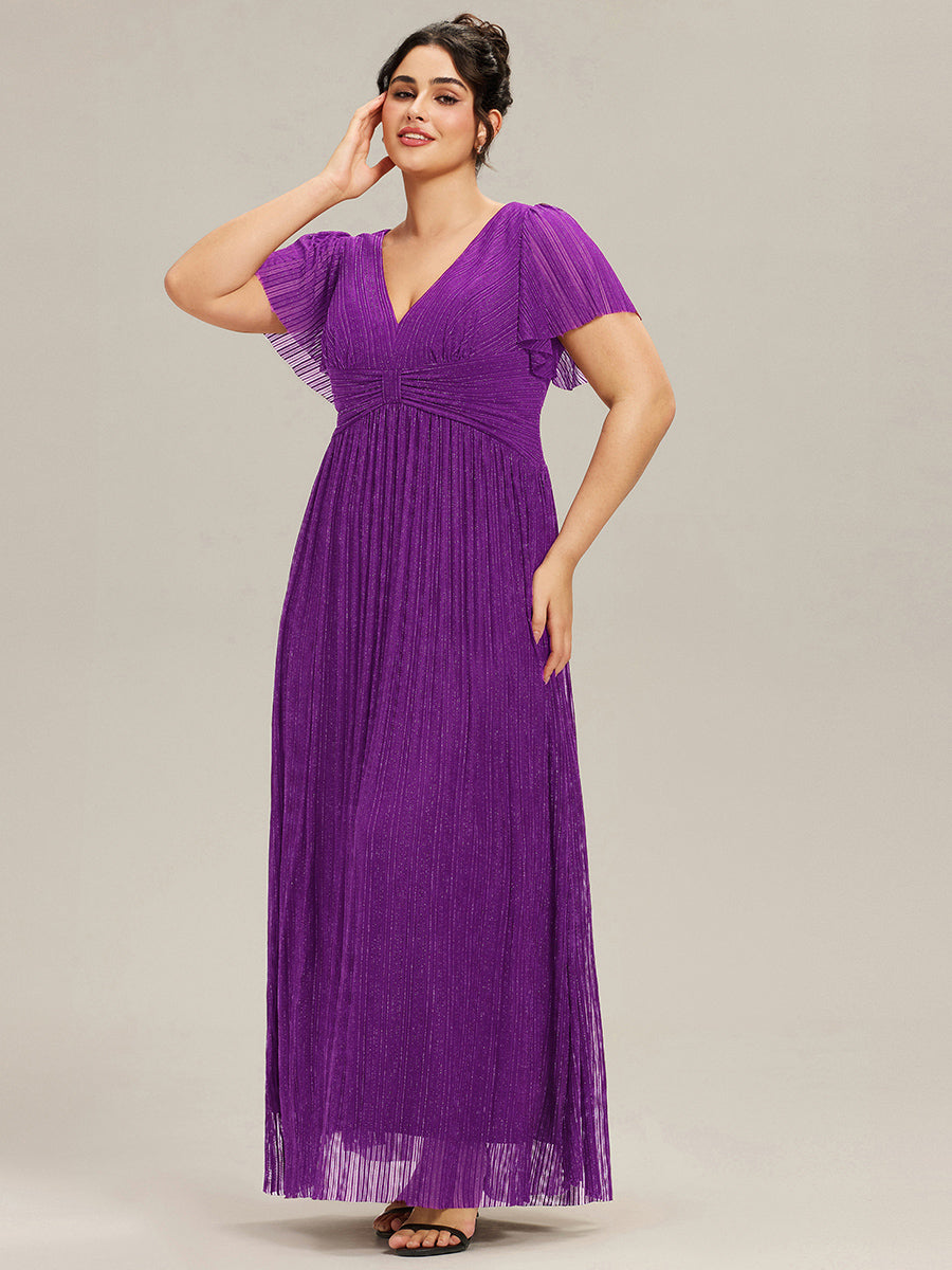 Bodenlanger V-Ausschnitt A-Linie Mesh Kleid Mit Falten Details Elegantes Abendkleid #Farbe_Traube