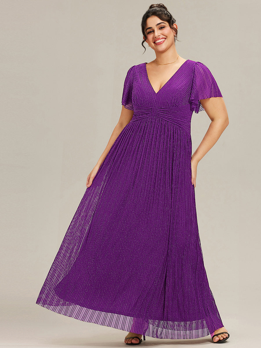 Bodenlanger V-Ausschnitt A-Linie Mesh Kleid Mit Falten Details Elegantes Abendkleid #Farbe_Traube