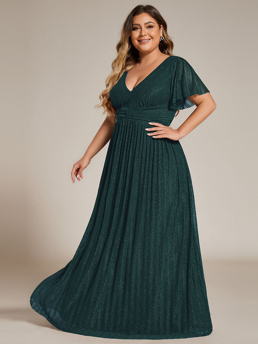 Bodenlanger V-Ausschnitt A-Linie Mesh Kleid Mit Falten Details Elegantes Abendkleid #Farbe_Petrol