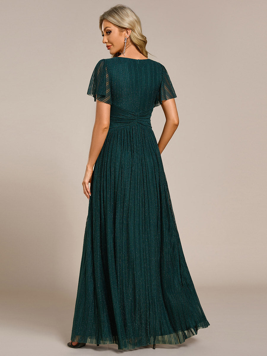 Bodenlanger V-Ausschnitt A-Linie Mesh Kleid Mit Falten Details Elegantes Abendkleid #Farbe_Petrol