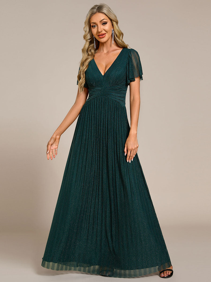 Bodenlanger V-Ausschnitt A-Linie Mesh Kleid Mit Falten Details Elegantes Abendkleid #Farbe_Petrol