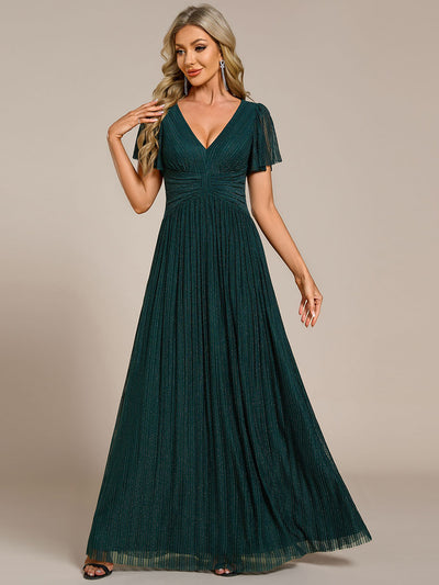 Bodenlanger V-Ausschnitt A-Linie Mesh Kleid Mit Falten Details Elegantes Abendkleid #Farbe_Petrol