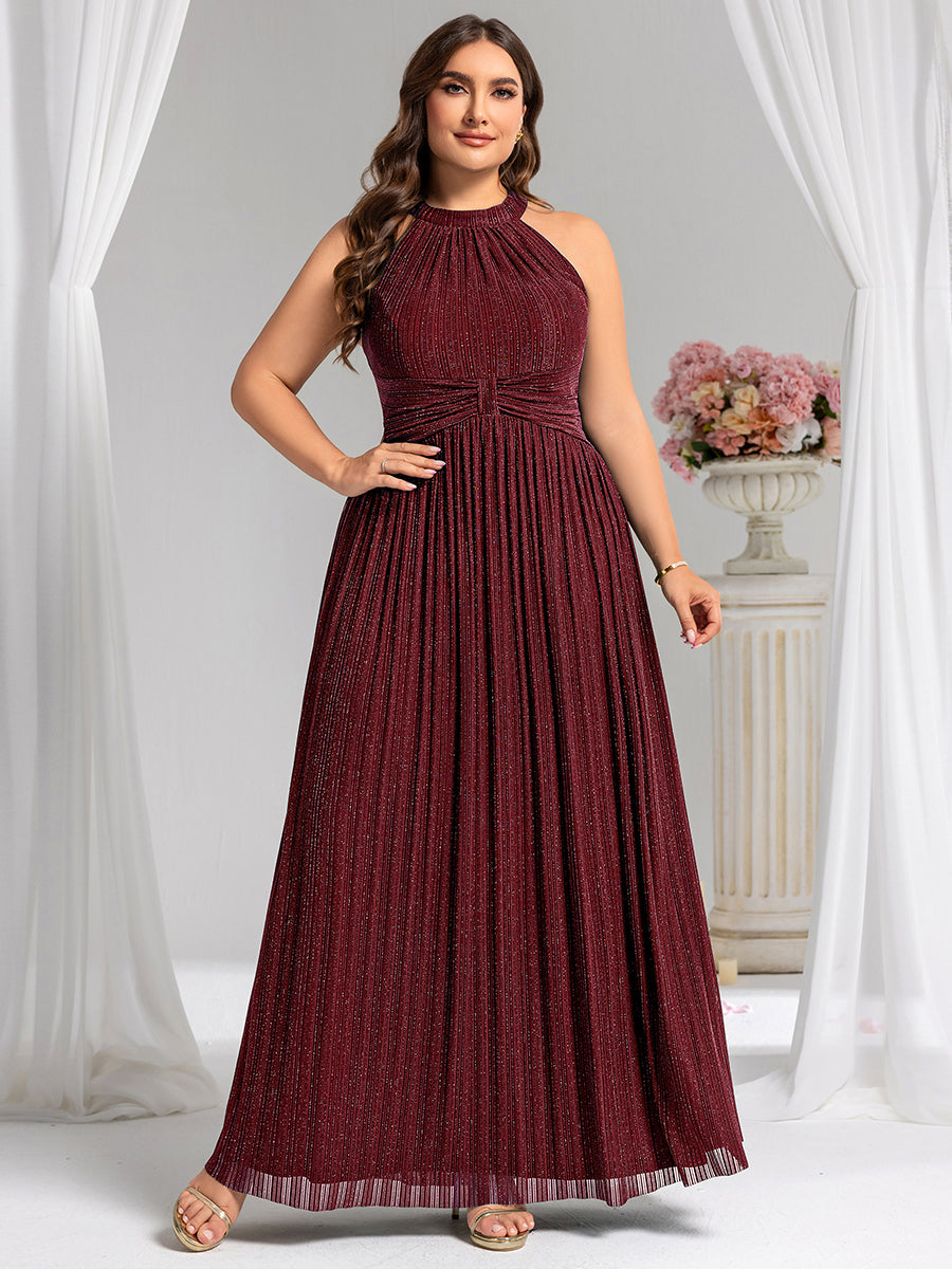 Bodenlanger Halterneck A-Linie Mesh Kleid Mit Tiefem V-Ausschnitt Eleganz Kleid #Farbe_Burgunderrot