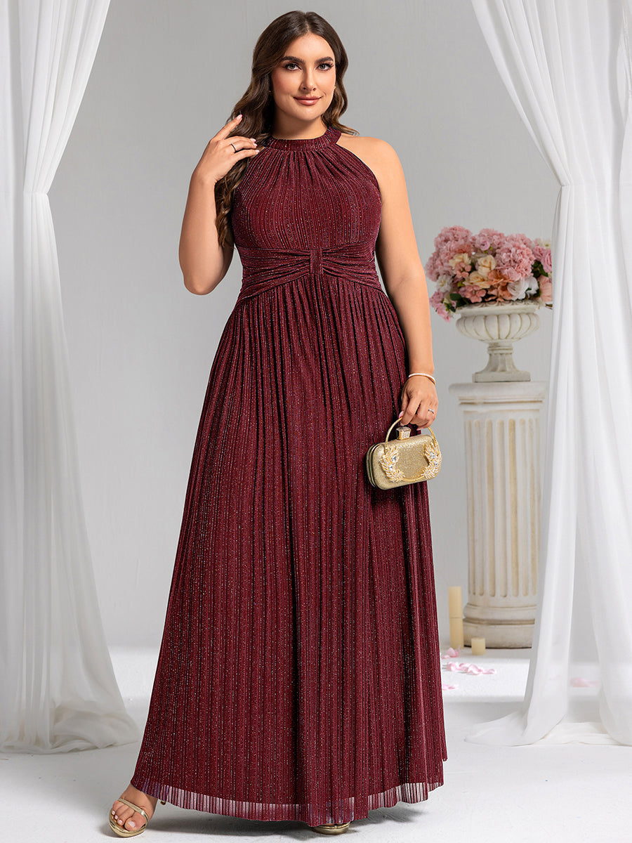 Bodenlanger Halterneck A-Linie Mesh Kleid Mit Tiefem V-Ausschnitt Eleganz Kleid #Farbe_Burgunderrot