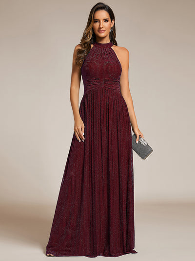 Bodenlanger Halterneck A-Linie Mesh Kleid Mit Tiefem V-Ausschnitt Eleganz Kleid #Farbe_Burgunderrot