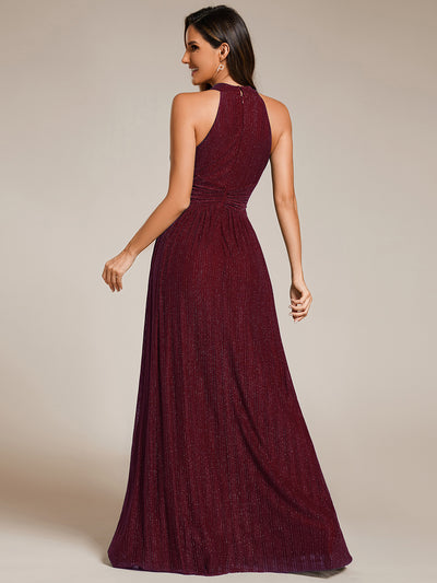 Bodenlanger Halterneck A-Linie Mesh Kleid Mit Tiefem V-Ausschnitt Eleganz Kleid #Farbe_Burgunderrot