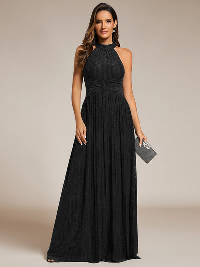 Bodenlanger Halterneck A-Linie Mesh Kleid Mit Tiefem V-Ausschnitt Eleganz Kleid #Farbe_Schwarz