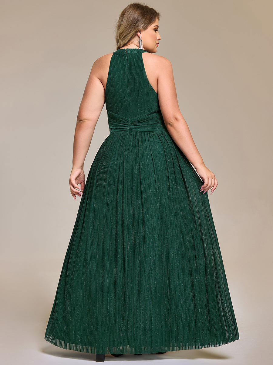 Bodenlanger Halterneck A-Linie Mesh Kleid Mit Tiefem V-Ausschnitt Eleganz Kleid #Farbe_Dunkelgrün
