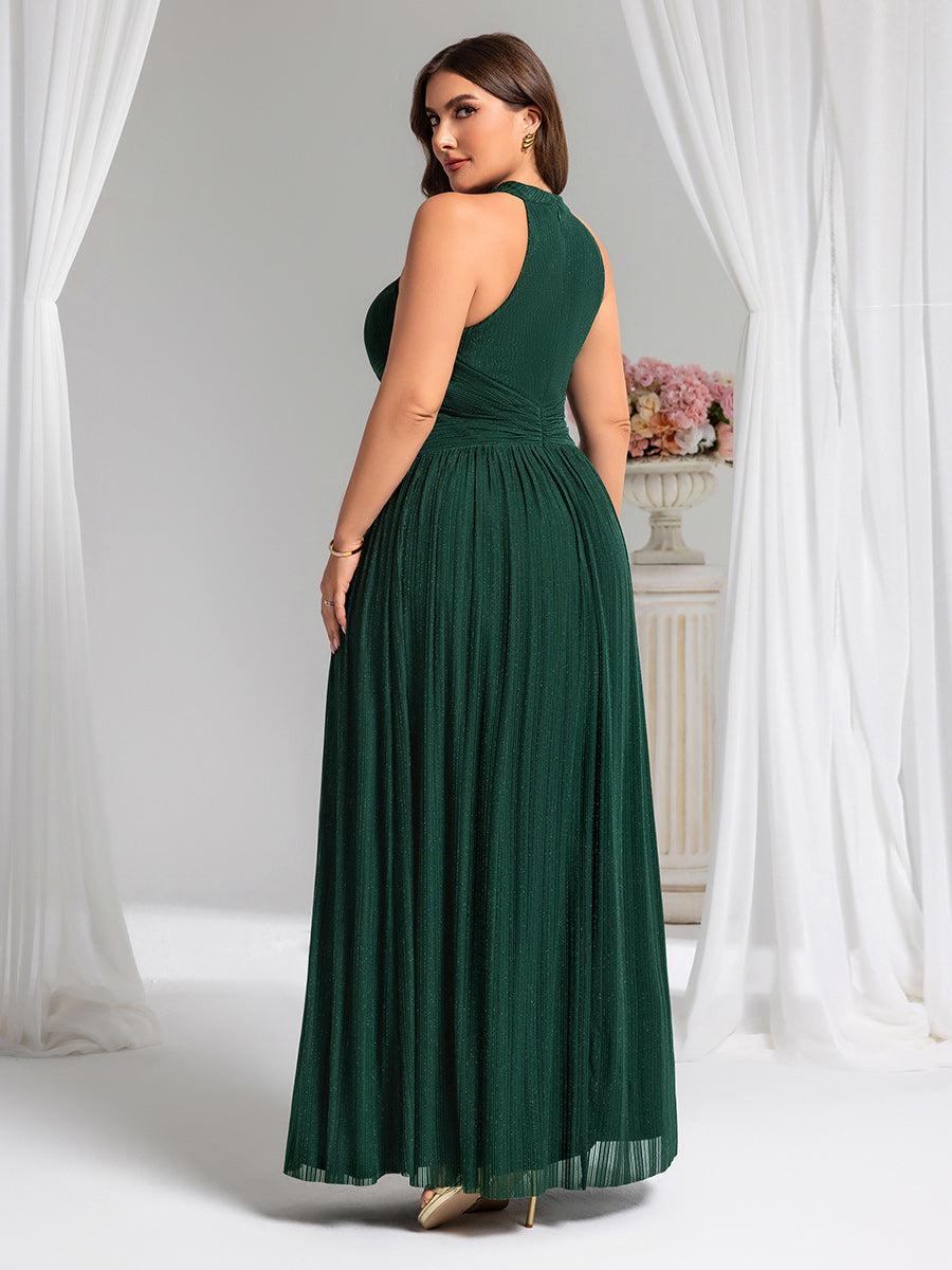 Bodenlanger Halterneck A-Linie Mesh Kleid Mit Tiefem V-Ausschnitt Eleganz Kleid #Farbe_Dunkelgrün
