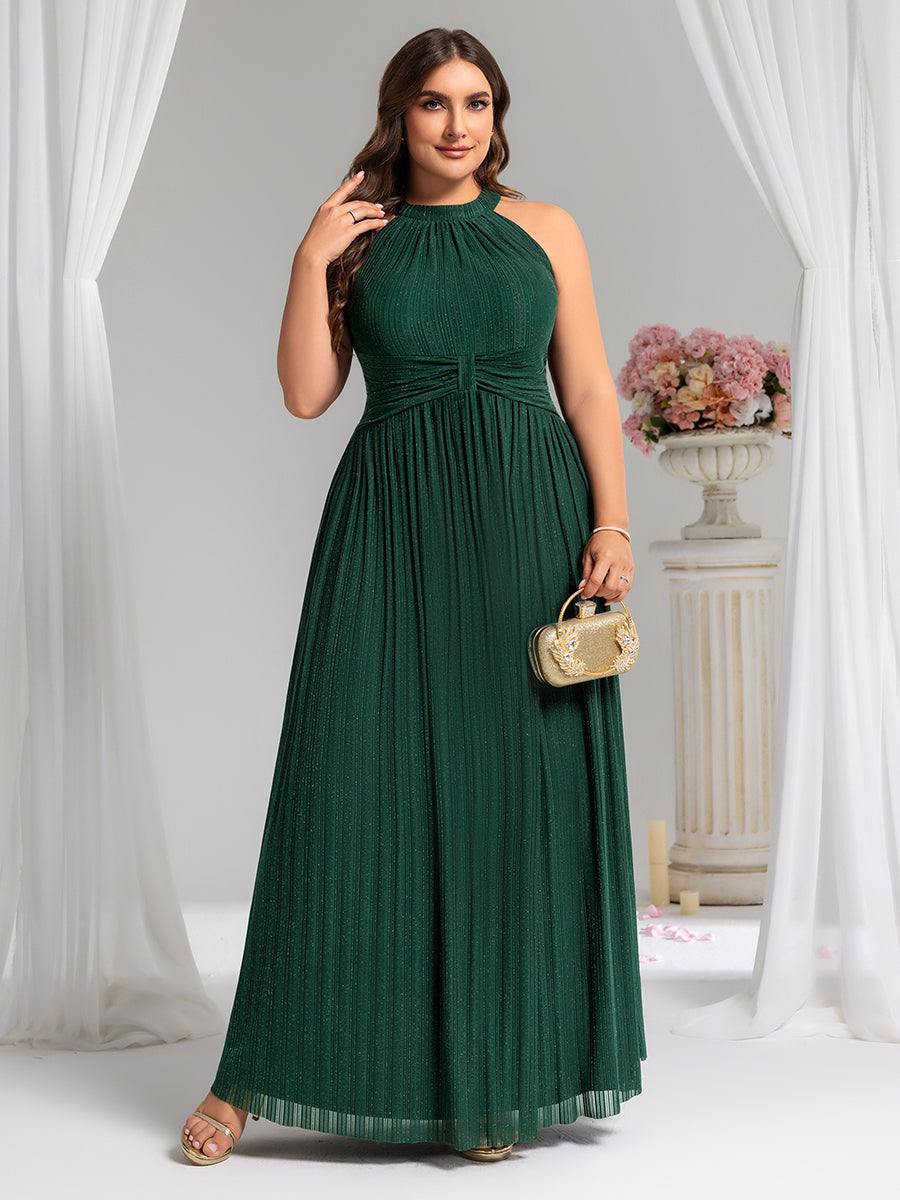 Bodenlanger Halterneck A-Linie Mesh Kleid Mit Tiefem V-Ausschnitt Eleganz Kleid #Farbe_Dunkelgrün