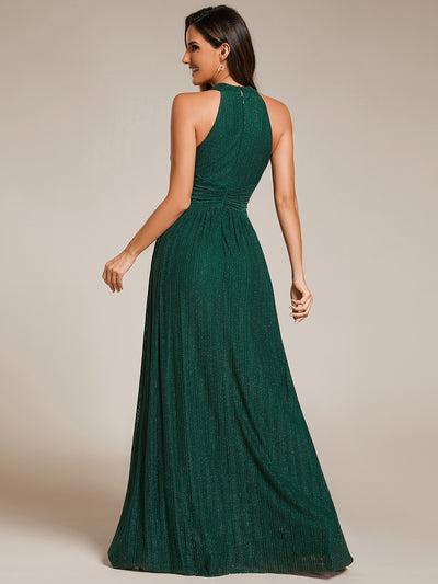 Bodenlanger Halterneck A-Linie Mesh Kleid Mit Tiefem V-Ausschnitt Eleganz Kleid #Farbe_Dunkelgrün