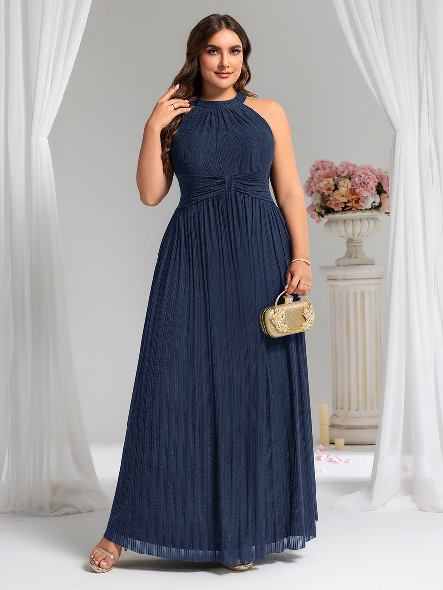 Bodenlanger Halterneck A-Linie Mesh Kleid Mit Tiefem V-Ausschnitt Eleganz Kleid #Farbe_Marineblau