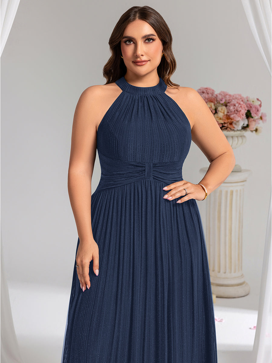 Bodenlanger Halterneck A-Linie Mesh Kleid Mit Tiefem V-Ausschnitt Eleganz Kleid #Farbe_Marineblau