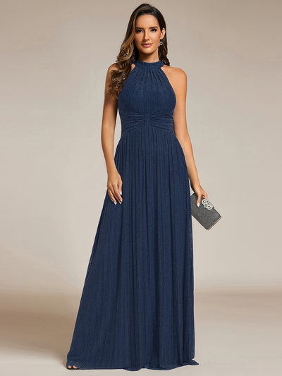 Bodenlanger Halterneck A-Linie Mesh Kleid Mit Tiefem V-Ausschnitt Eleganz Kleid #Farbe_Marineblau