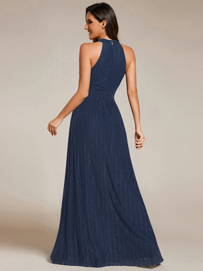 Bodenlanger Halterneck A-Linie Mesh Kleid Mit Tiefem V-Ausschnitt Eleganz Kleid #Farbe_Marineblau