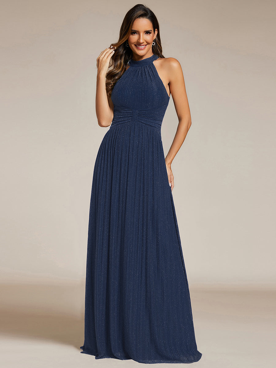 Bodenlanger Halterneck A-Linie Mesh Kleid Mit Tiefem V-Ausschnitt Eleganz Kleid #Farbe_Marineblau