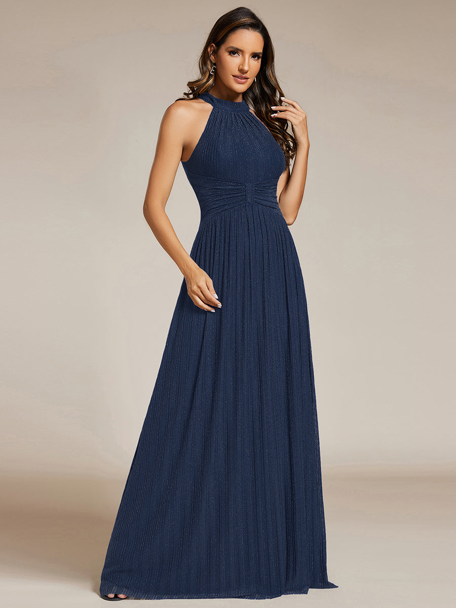 Bodenlanger Halterneck A-Linie Mesh Kleid Mit Tiefem V-Ausschnitt Eleganz Kleid #Farbe_Marineblau