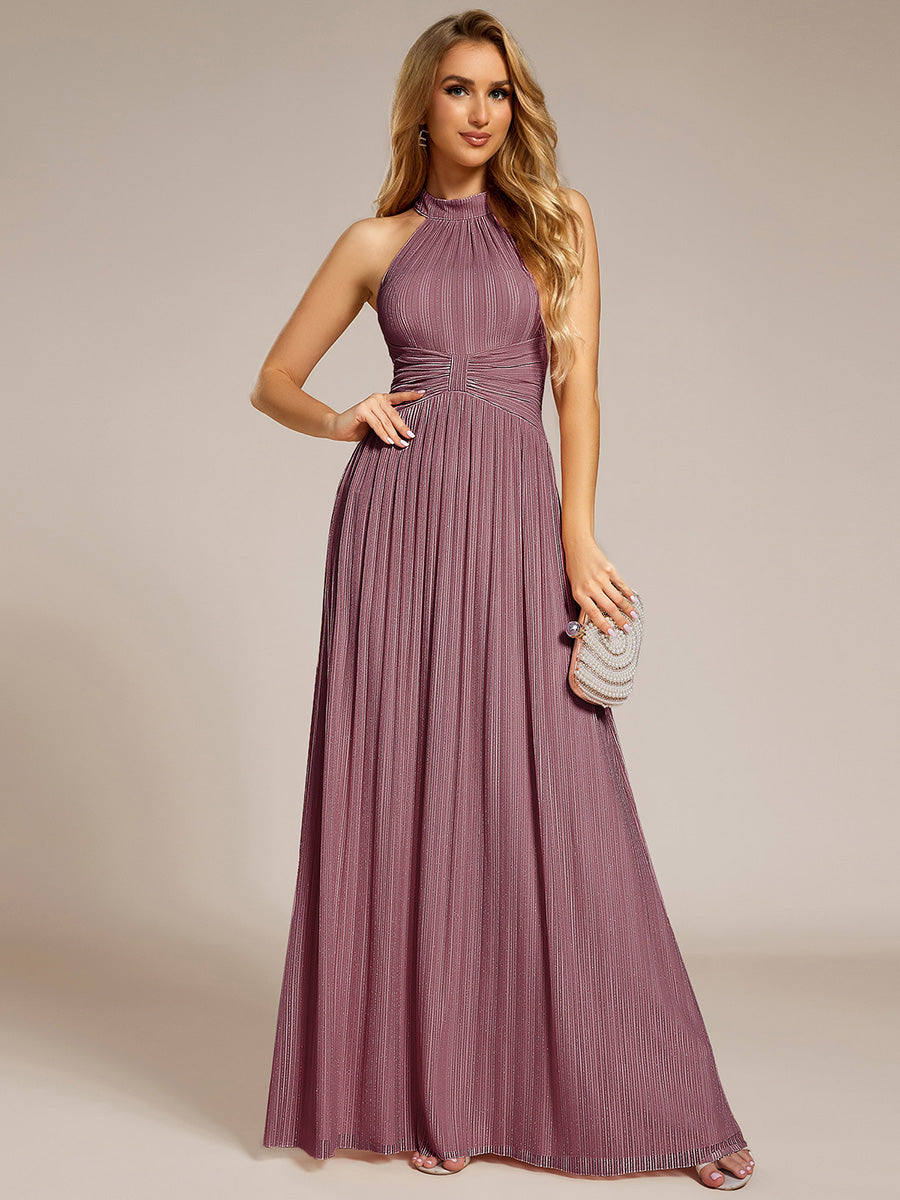 Bodenlanger Halterneck A-Linie Mesh Kleid Mit Tiefem V-Ausschnitt Eleganz Kleid #Farbe_Orchideenviolett