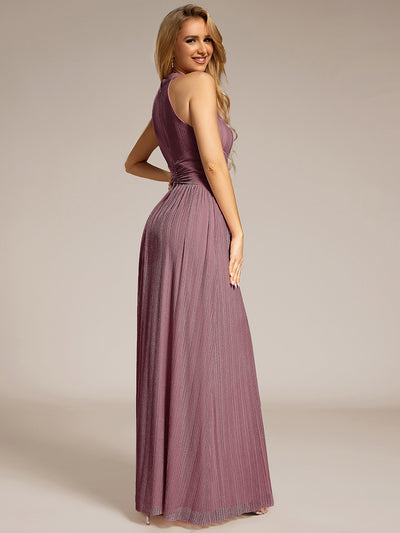 Bodenlanger Halterneck A-Linie Mesh Kleid Mit Tiefem V-Ausschnitt Eleganz Kleid #Farbe_Orchideenviolett