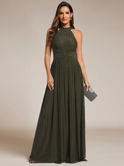 Bodenlanger Halterneck A-Linie Mesh Kleid Mit Tiefem V-Ausschnitt Eleganz Kleid #Farbe_Olivgrün