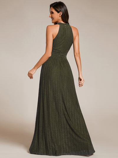 Bodenlanger Halterneck A-Linie Mesh Kleid Mit Tiefem V-Ausschnitt Eleganz Kleid #Farbe_Olivgrün