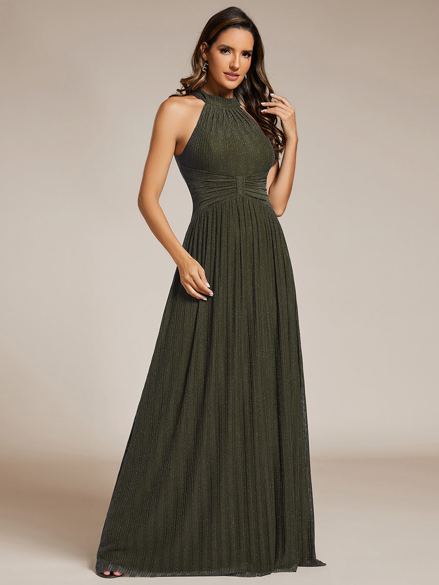 Bodenlanger Halterneck A-Linie Mesh Kleid Mit Tiefem V-Ausschnitt Eleganz Kleid #Farbe_Olivgrün