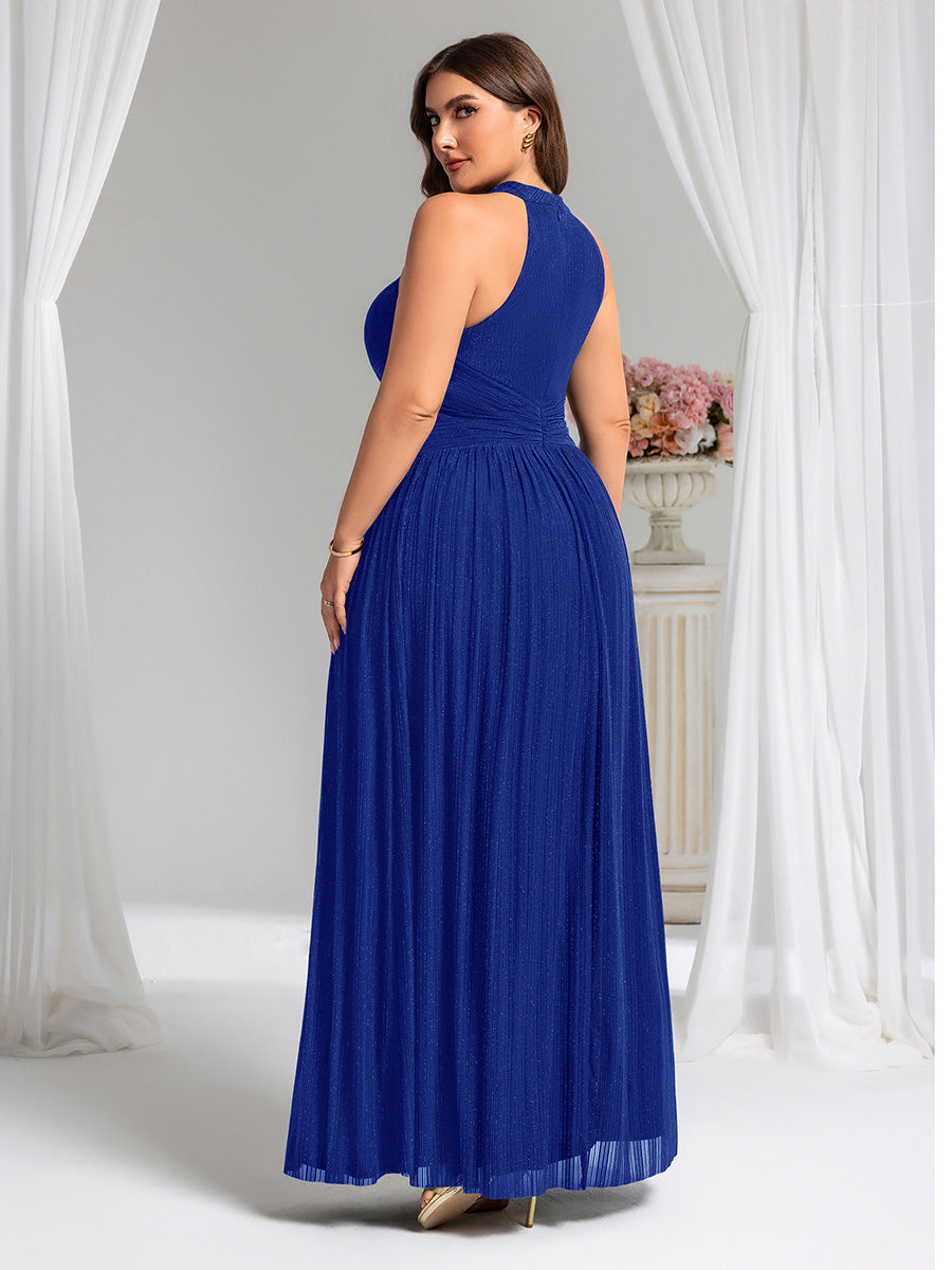 Bodenlanger Halterneck A-Linie Mesh Kleid Mit Tiefem V-Ausschnitt Eleganz Kleid #Farbe_Saphirblau