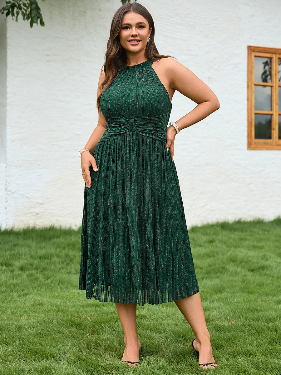 Midi Und Tea Länge Halterneck A Linie Mesh Kleid Mit Elegantem Design Und Bequemem Sitz #Farbe_Dunkelgrün