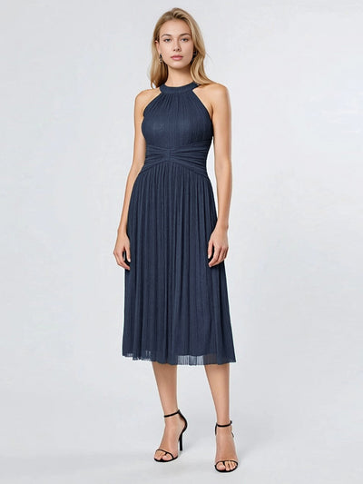 Midi Und Tea Länge Halterneck A Linie Mesh Kleid Mit Elegantem Design Und Bequemem Sitz #Farbe_Marineblau