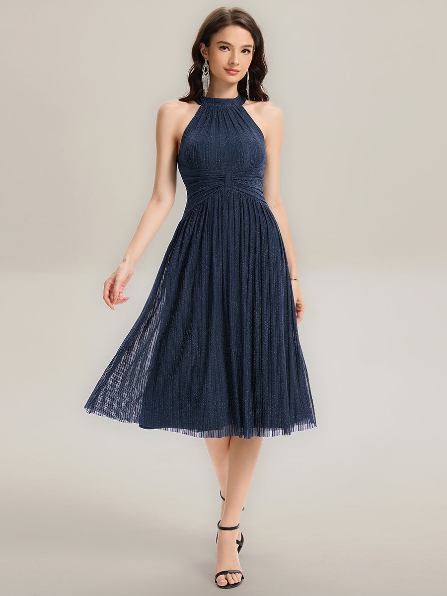 Midi Und Tea Länge Halterneck A Linie Mesh Kleid Mit Elegantem Design Und Bequemem Sitz #Farbe_Marineblau