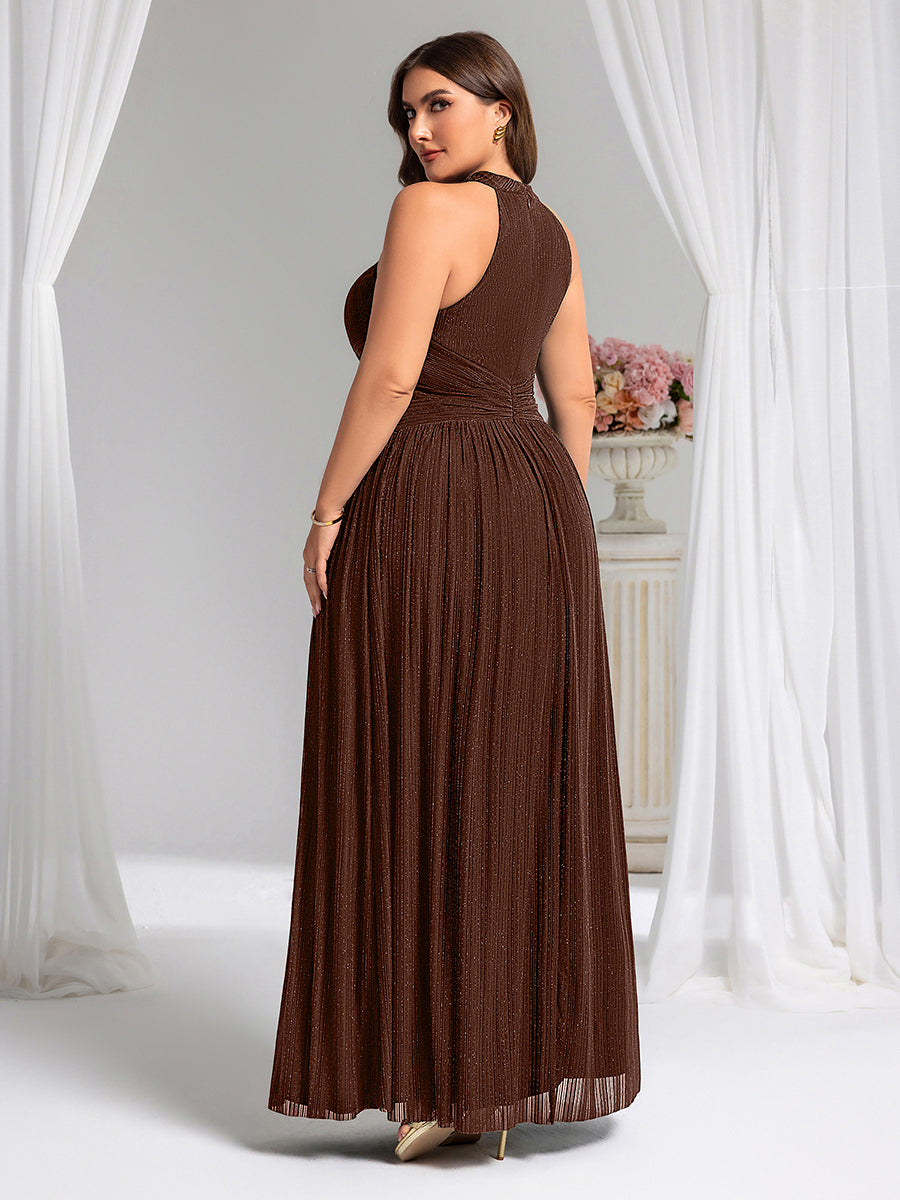 Bodenlanger Halterneck A-Linie Mesh Kleid Mit Tiefem V-Ausschnitt Eleganz Kleid #Farbe_Schokoladenbraun