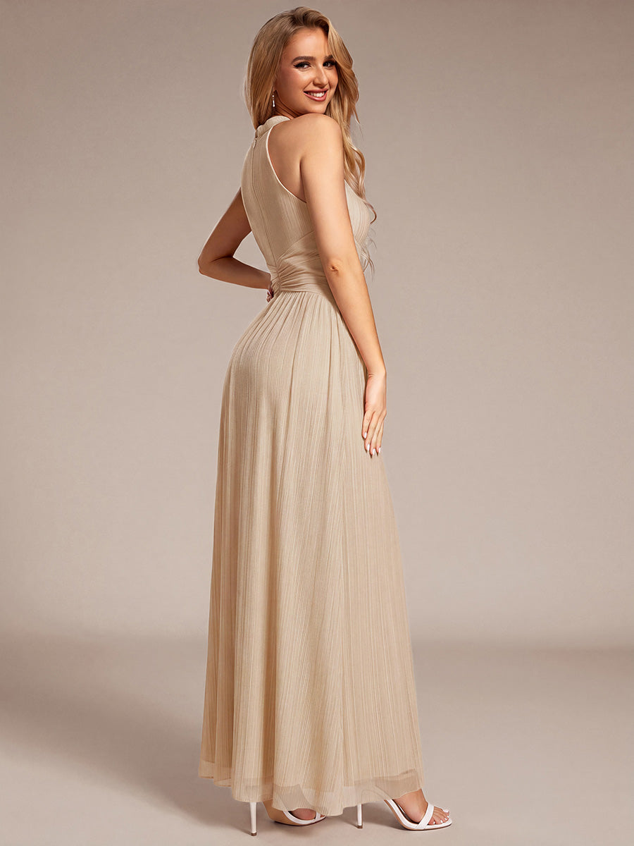 Bodenlanger Halterneck A-Linie Mesh Kleid Mit Tiefem V-Ausschnitt Eleganz Kleid #Farbe_Champagner