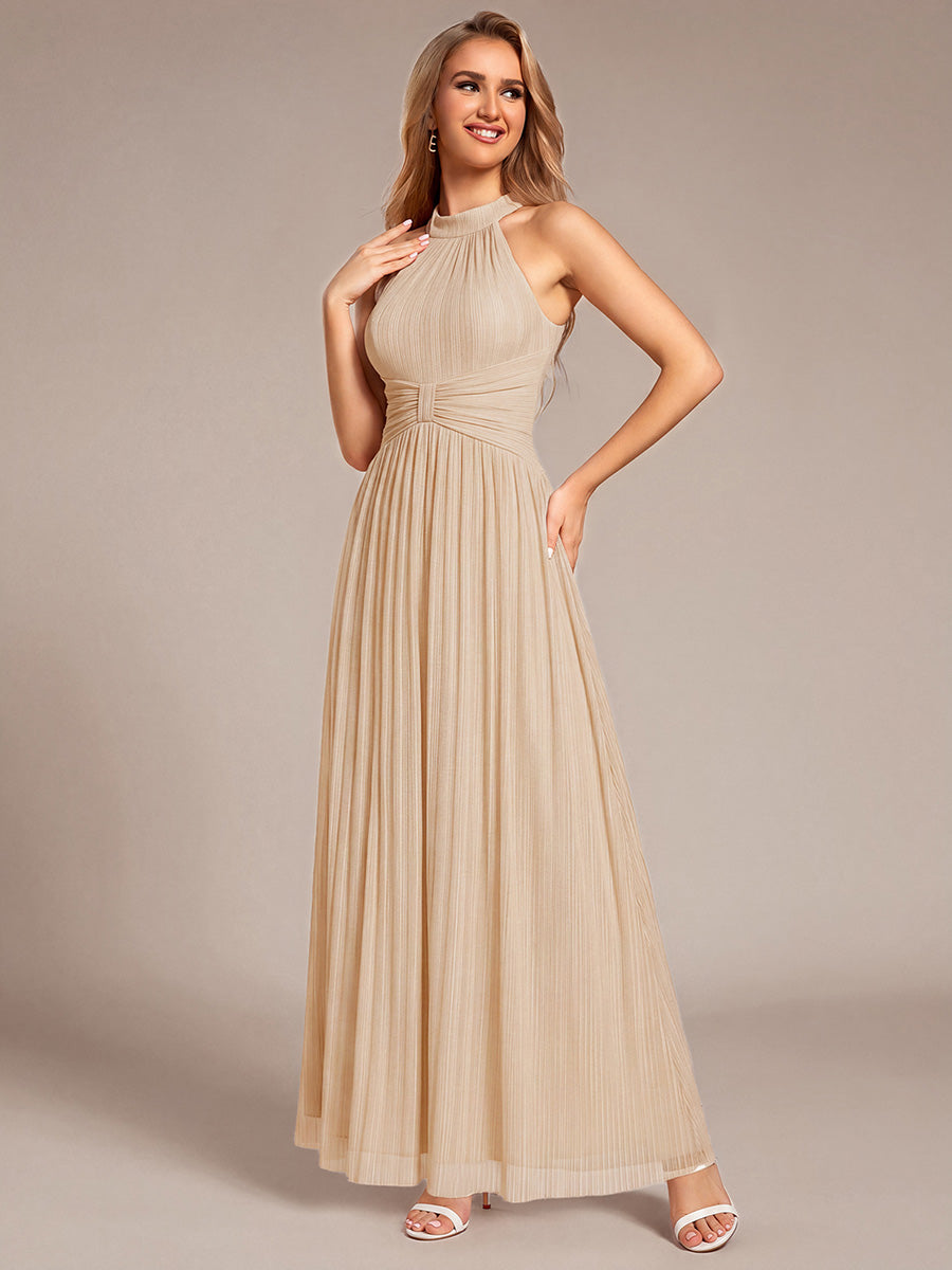 Bodenlanger Halterneck A-Linie Mesh Kleid Mit Tiefem V-Ausschnitt Eleganz Kleid #Farbe_Champagner