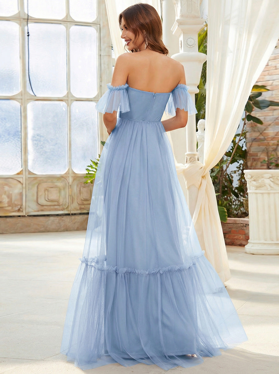 Schulterfreies plissiertes Tüll-Abendkleid mit Herzausschnitt #Farbe_Eisblau