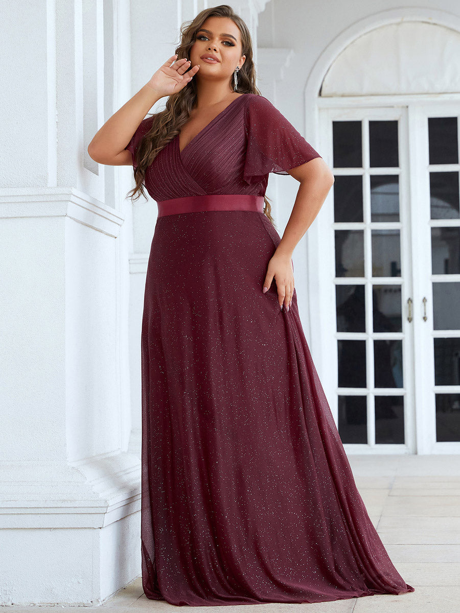 Bodenlanger A-Linien Kleid Mit Tiefem V-Ausschnitt Aus Diamant Leinen Falten Design Kleid #Farbe_Burgunderrot