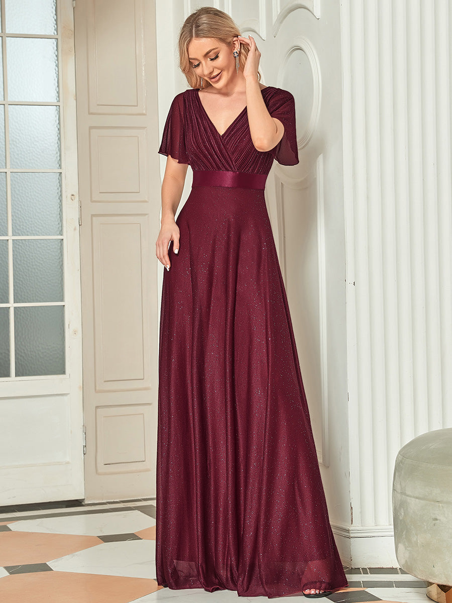 Bodenlanger A-Linien Kleid Mit Tiefem V-Ausschnitt Aus Diamant Leinen Falten Design Kleid #Farbe_Burgunderrot