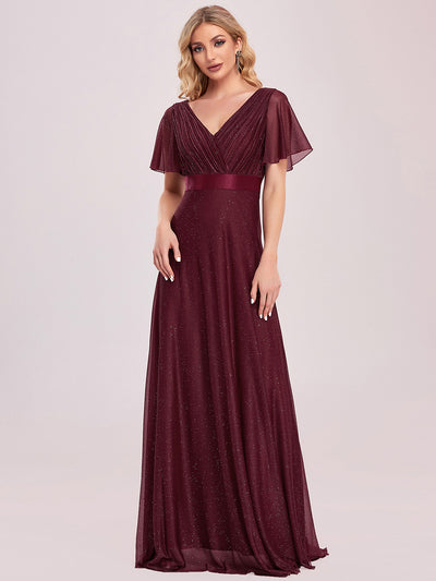 Bodenlanger A-Linien Kleid Mit Tiefem V-Ausschnitt Aus Diamant Leinen Falten Design Kleid #Farbe_Burgunderrot